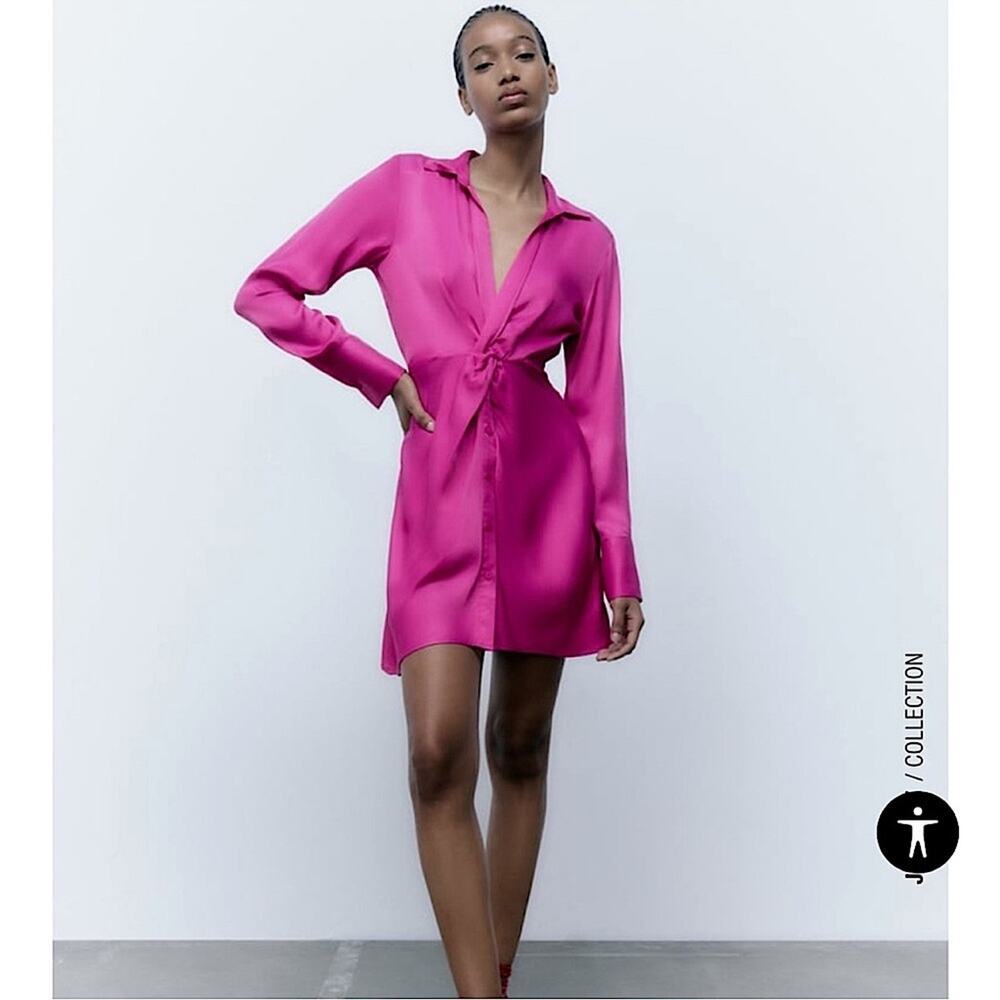 Zara NWT pink long sleeve twist from satin dress size medium